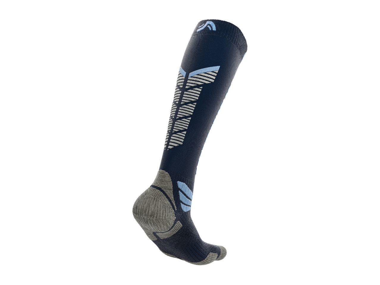 A single dark blue and grey athletic sock with light blue accents.
