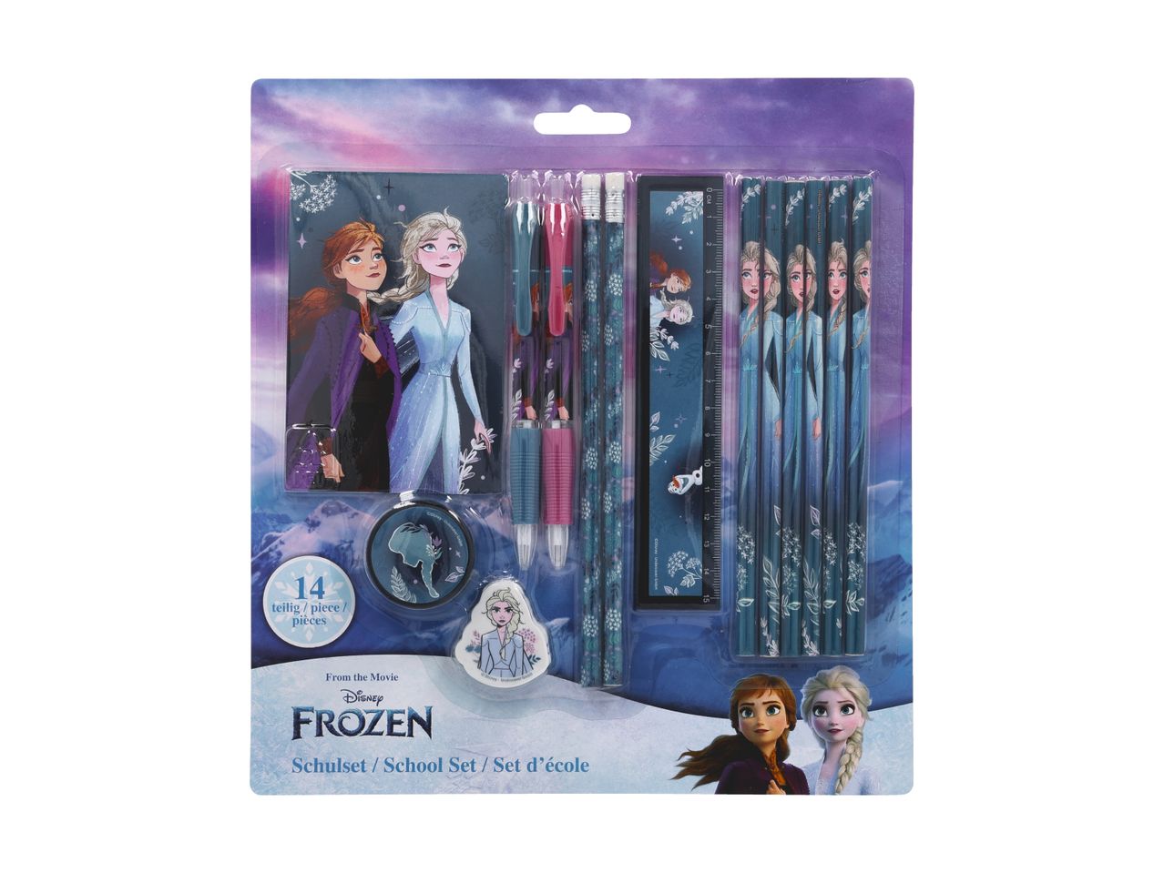 Frozen-skoleartikler: notesbog, blyanter, viskelæder og lineal.
