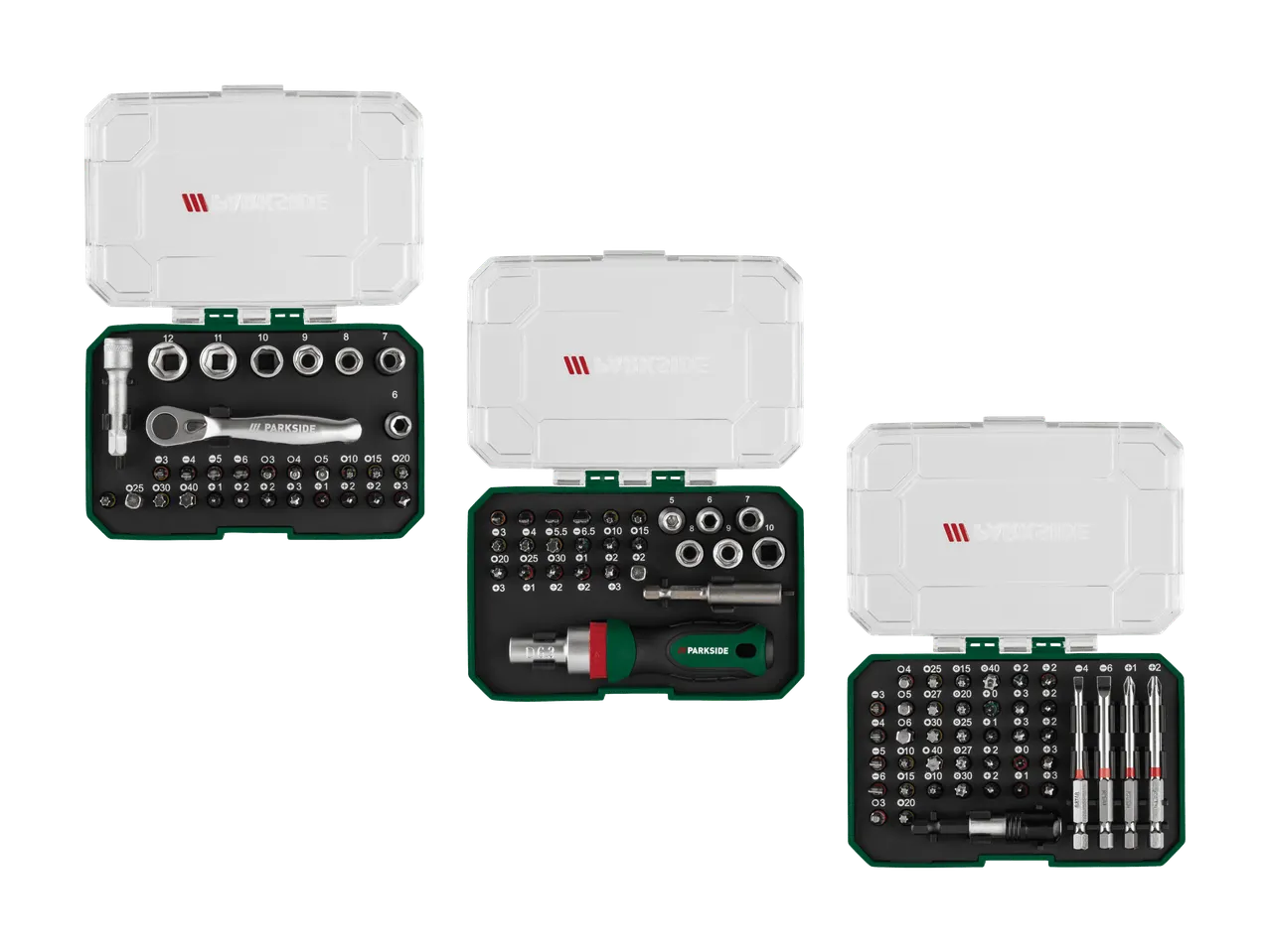 Trois coffrets d'outils avec clés, douilles et embouts de tournevis.