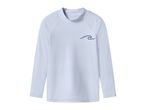 Light blue long-sleeve rash guard with a dark blue wave graphic