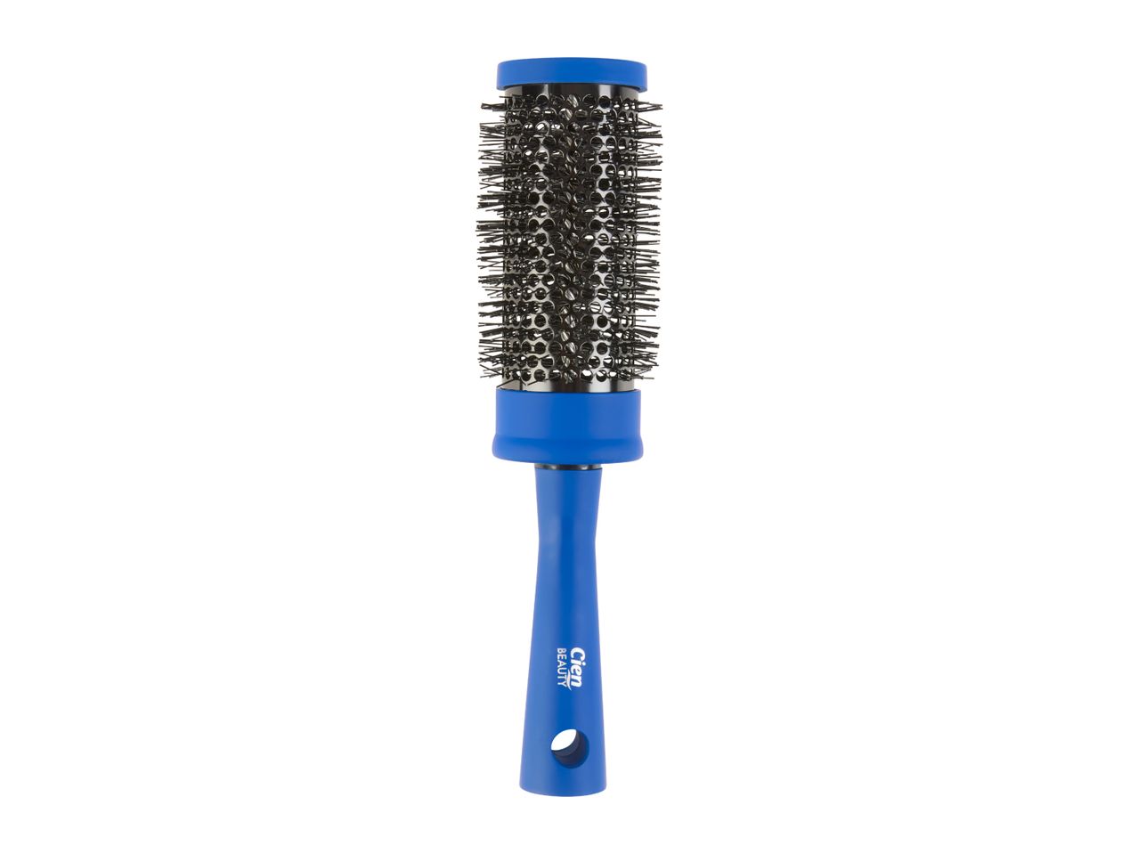 A Cien Beauty blue round hairbrush with black bristles.