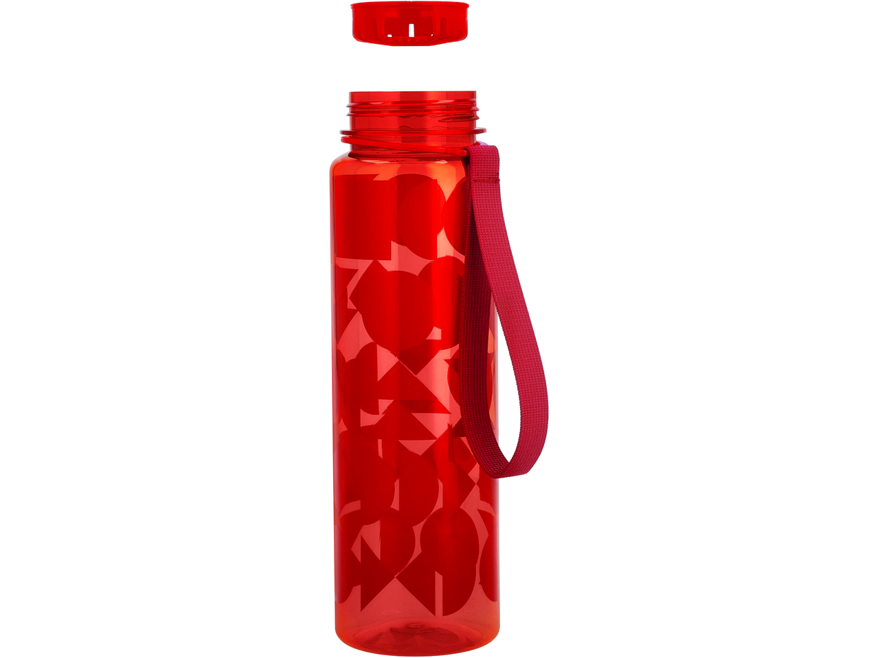 Rode waterfles met deksel en band, met een subtiel geometrisch patroon.