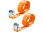 Two orange tie-down straps with metal buckles, one above the other.