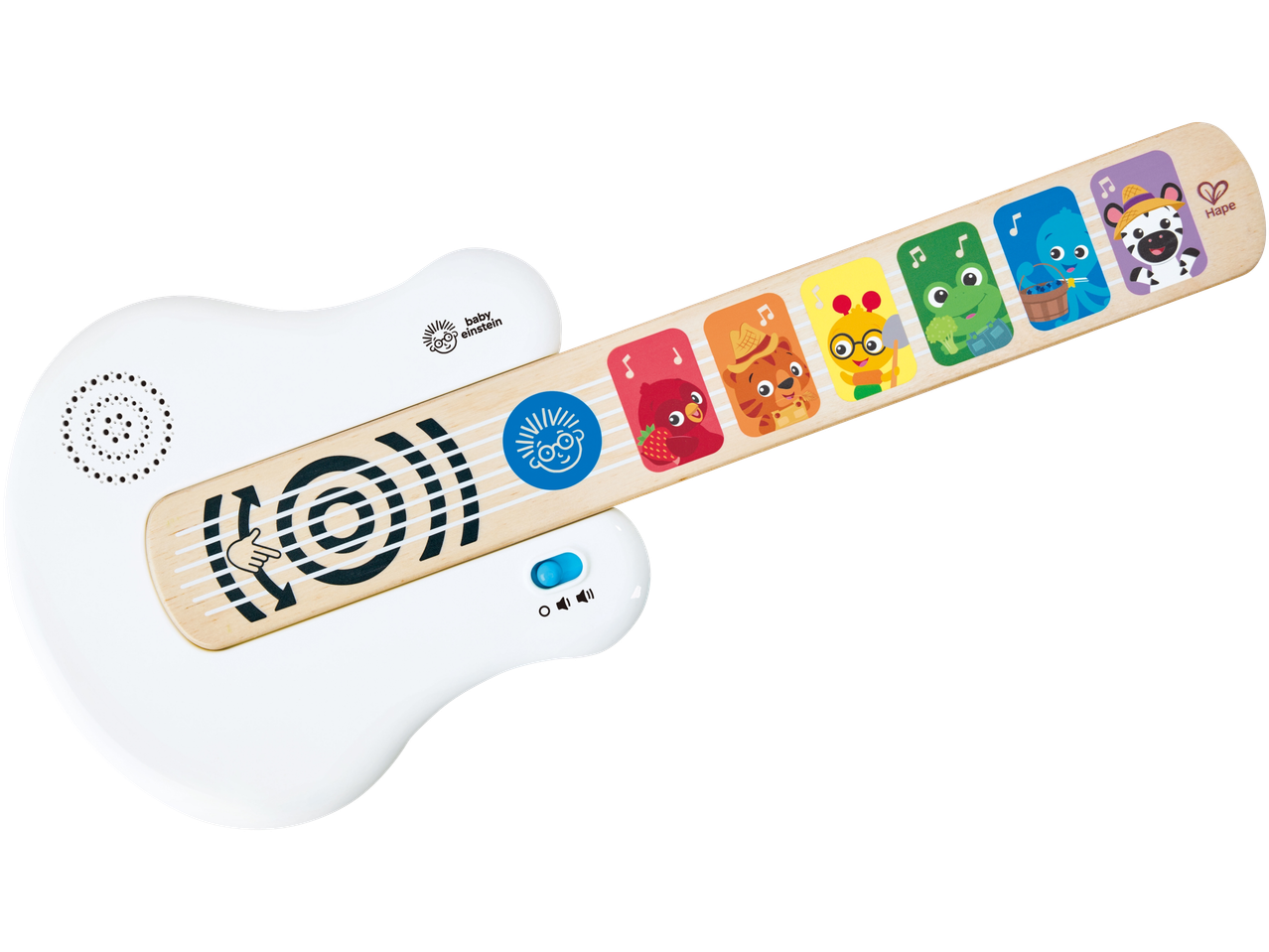 Baltas Baby Einstein žaislinis gitaras su mediniu kaklu ir spalvingomis gyvūnų kortelėmis.