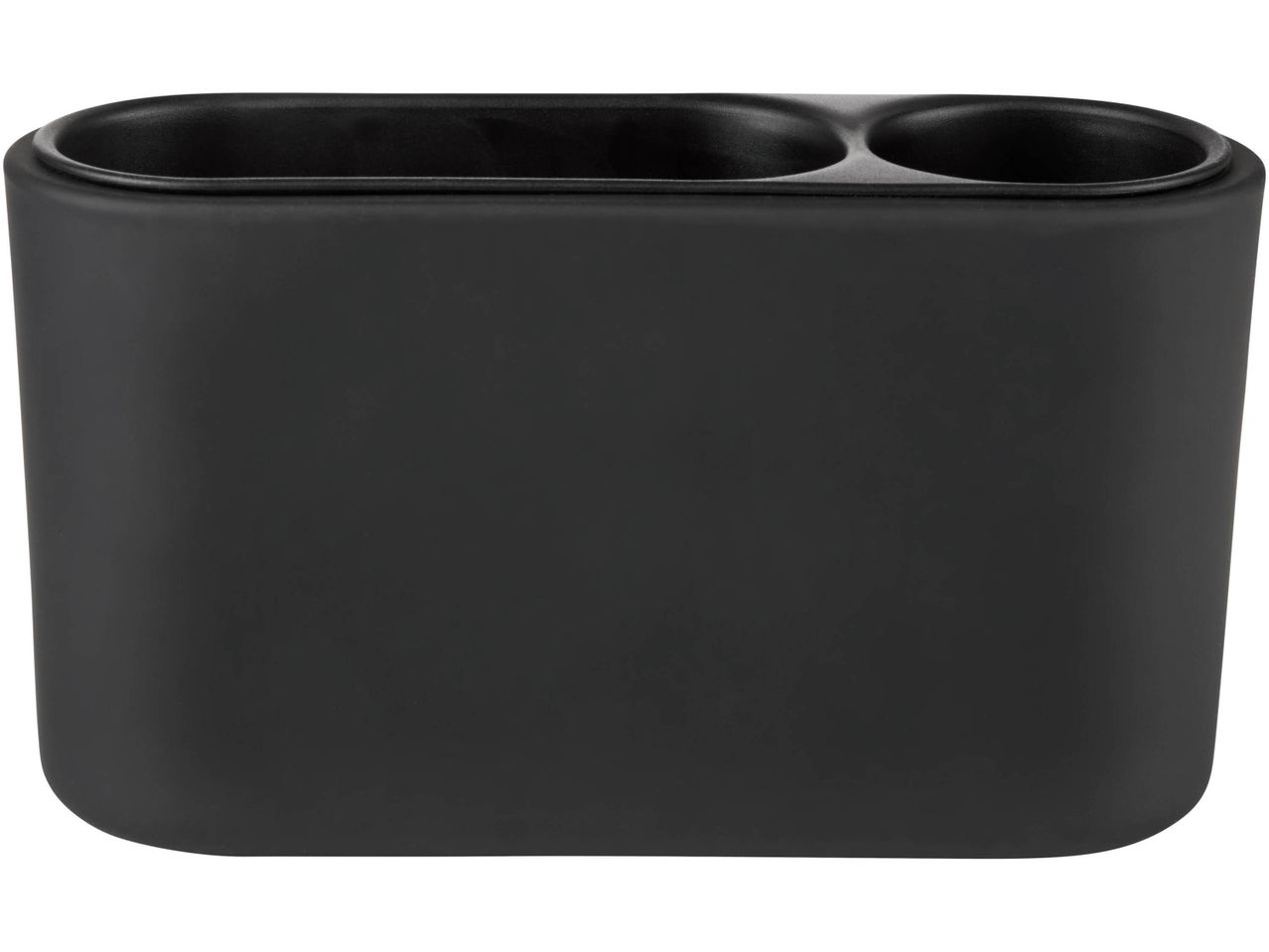 A black rectangular organizer with two rounded compartments on top.