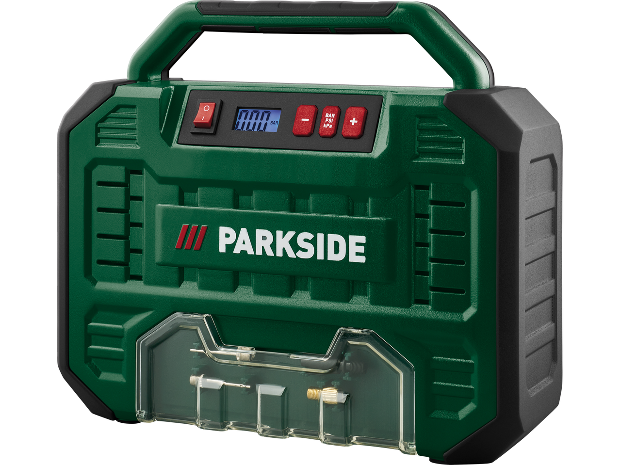 Parkside digitális autógumi pumpa tartozékokkal.