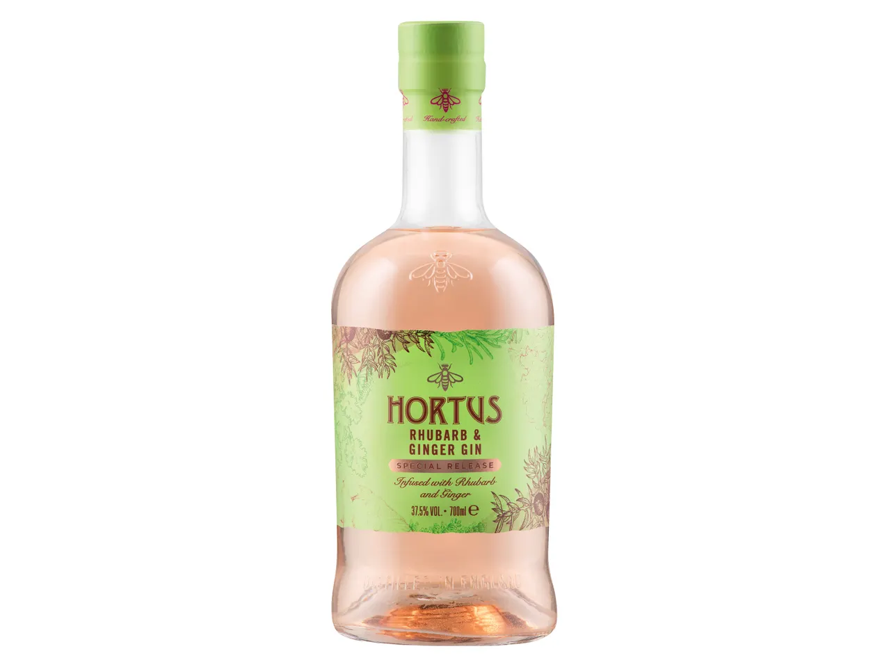 Hortus Rhubarb & Ginger Gin bottle with a green label and pink liquid.