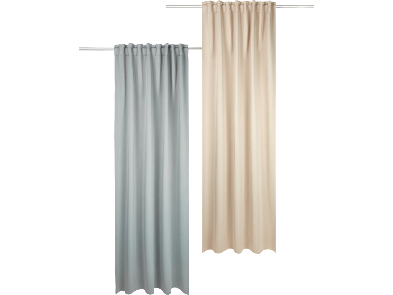 Två gardiner, en ljusblå och en beige, hänger på varsin gardinstång.