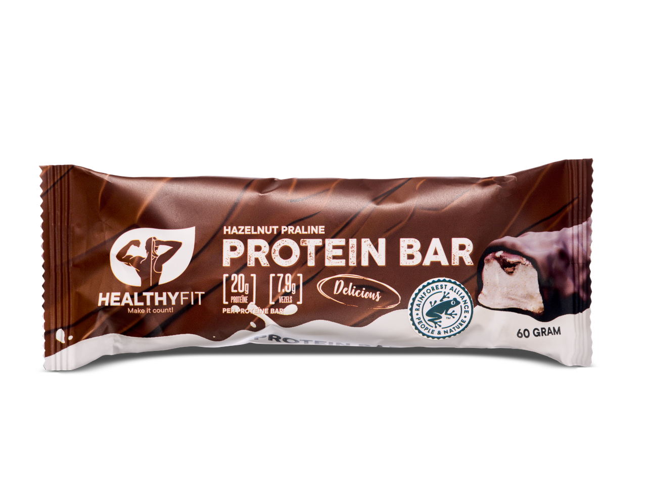 Healthyfit hazelnoot praline protein bar.