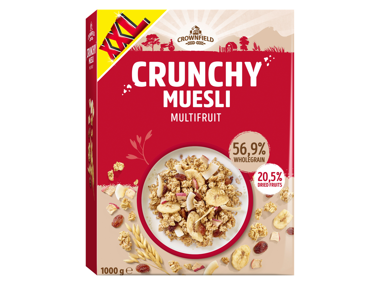 Cutie de cereale Crownfield Crunchy Muesli cu fructe, 1000g.