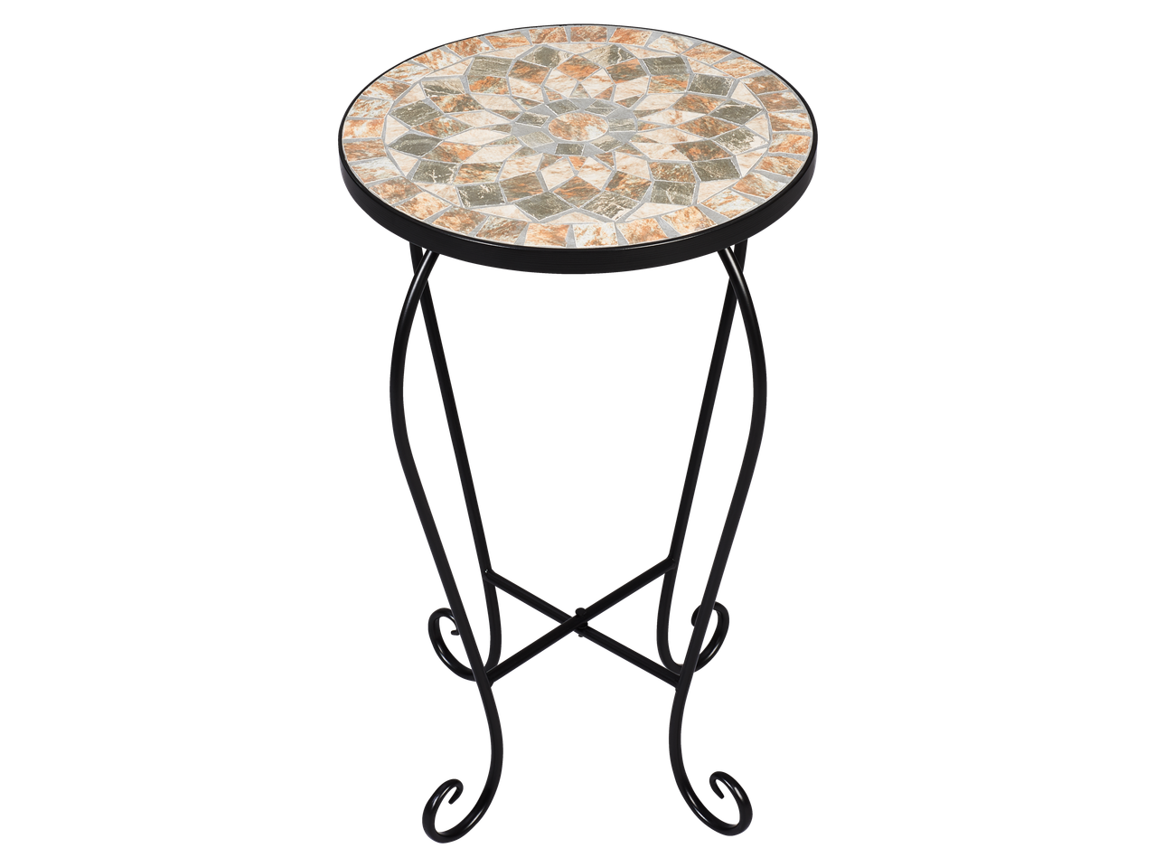 Livarno baštenski sto sa šarenim mozaikom od pločica i zakrivljenim crnim metalnim nogama.