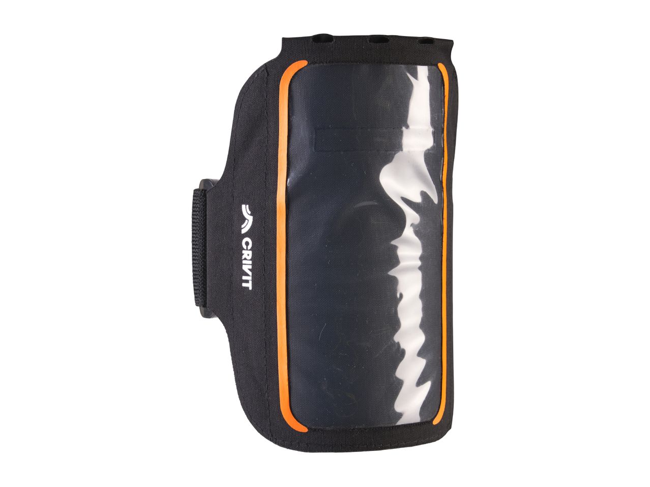 Black and orange sports armband with a clear phone window