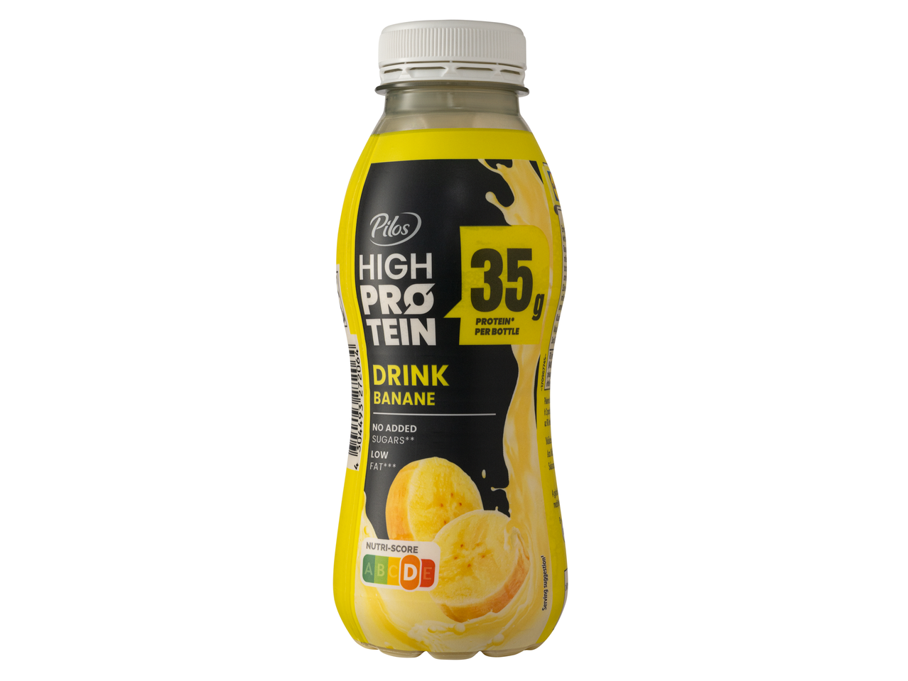 Pilos High Protein Banán Ízű Ital 35g fehérjével, hozzáadott cukor nélkül, alacsony zsírtartalommal és Nutri-score D-vel.