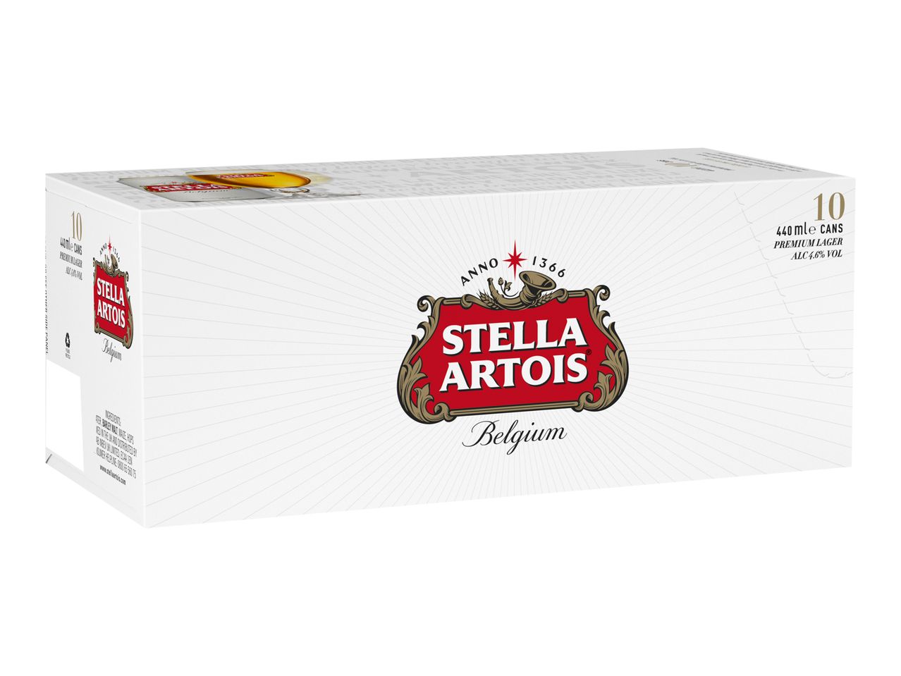 Ten Stella Artois 440ml premium lager cans.