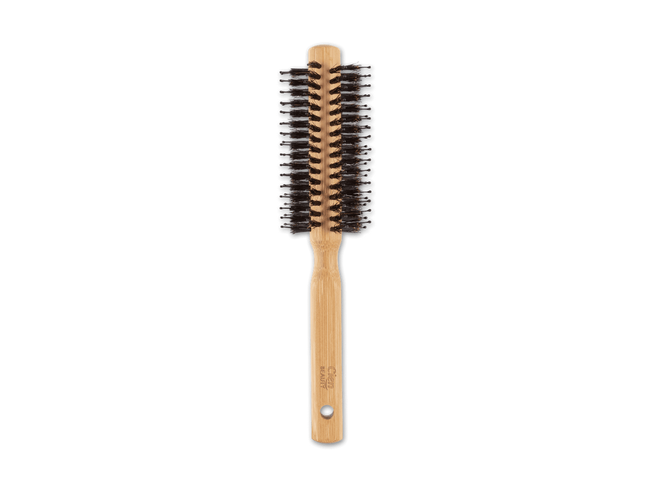 Eine runde Haarbürste aus Bambus mit Naturborsten von der Marke Green Beauty.