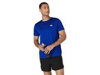 Man in blue sports t-shirt and black shorts holding a water bottle.