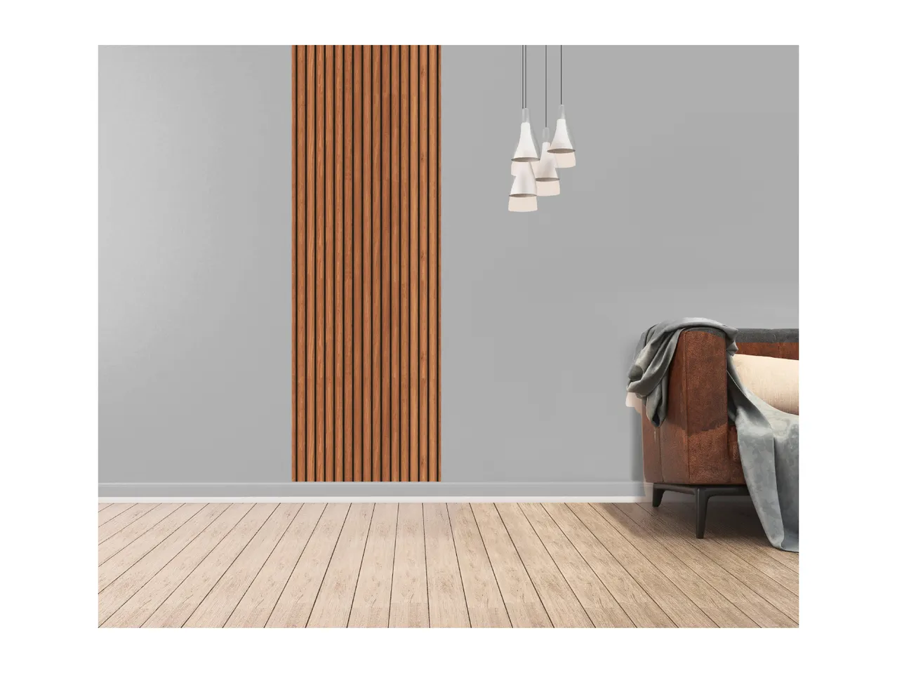 A modern room with light gray walls, a wooden slat accent wall, and a brown armchair.