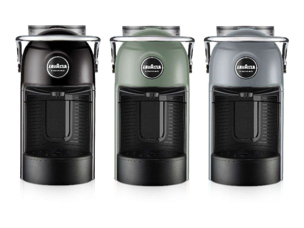 Trys Lavazza kavos aparatai: juodas, žalias ir pilkas.