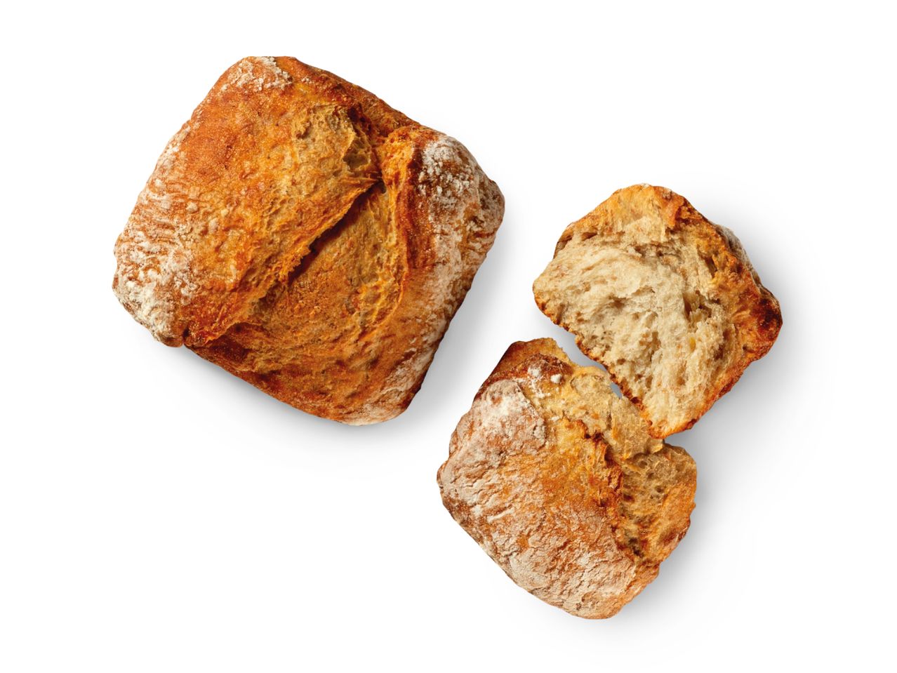 Zwei knusprige Brotstücke, Draufsicht.