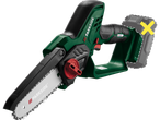 Green and black cordless mini chainsaw with a gray battery in the background