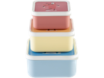 Stack of four LIVARNO home lunch boxes in pink, orange, yellow, and blue with cartoon lids.