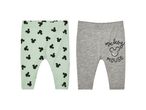Due paia di leggings per neonati, uno verde menta con stampa di Topolino e uno grigio con scritta 'Mickey Mouse'.