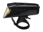 Black bicycle headlight with a clear lens and a rubber strap mount