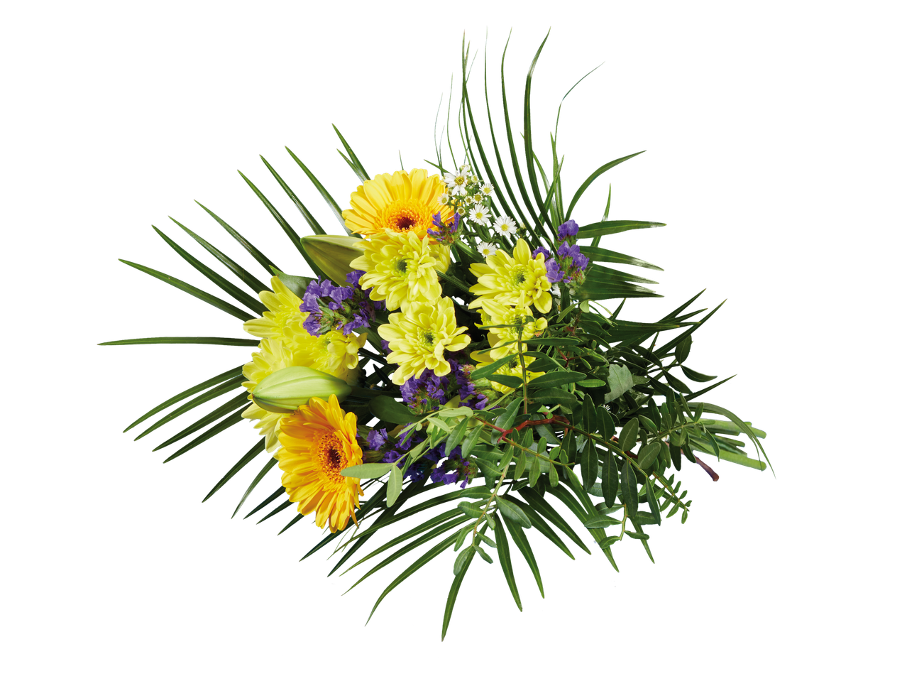 Buchet de gerbere, crizanteme și crini în nuanțe de galben și violet.
