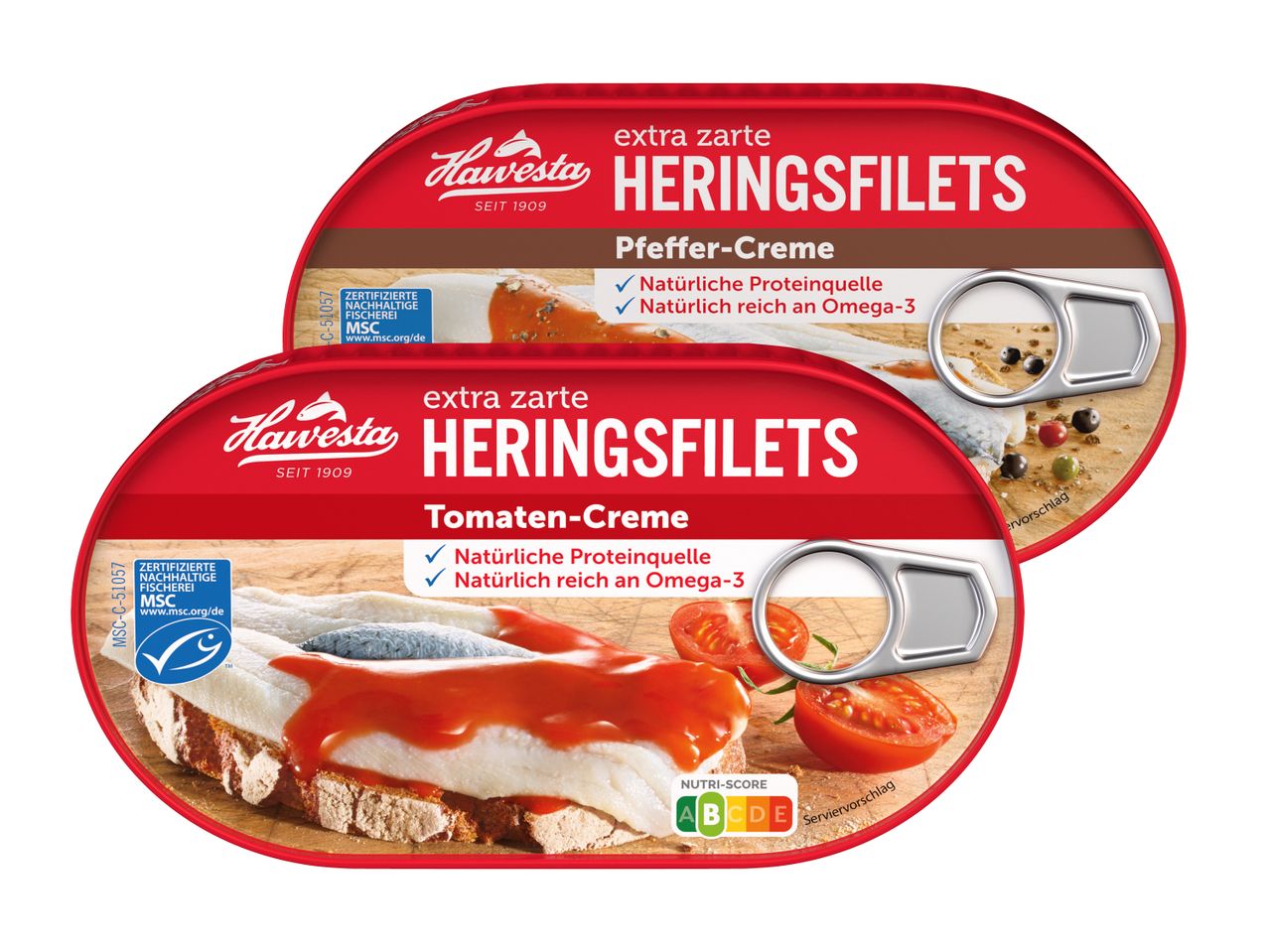Hawesta Heringfilets in Pfeffer- und Tomaten-Creme.
