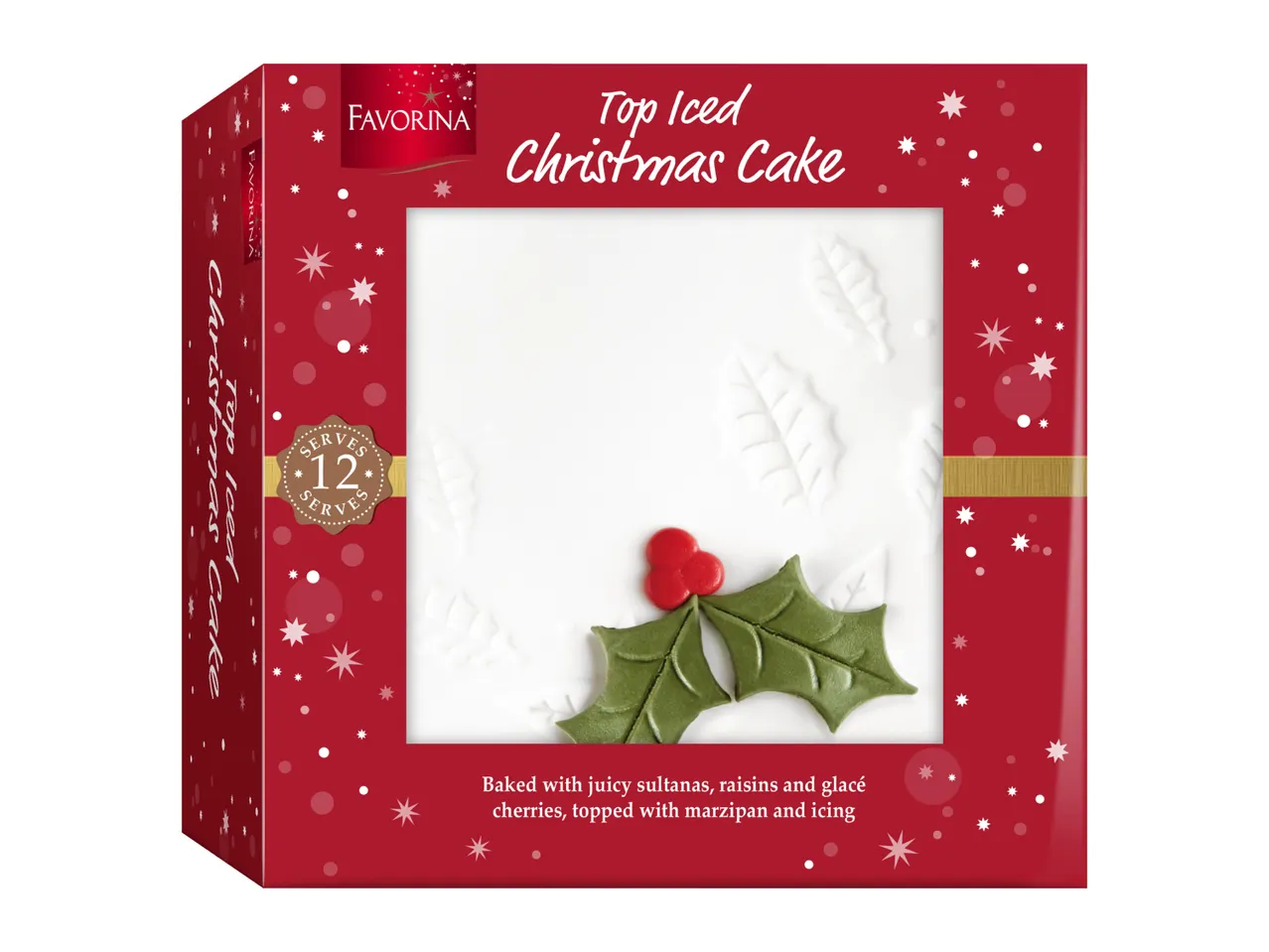 Favorina Top Iced Christmas Cake box with holly decoration, stating it serves 12.