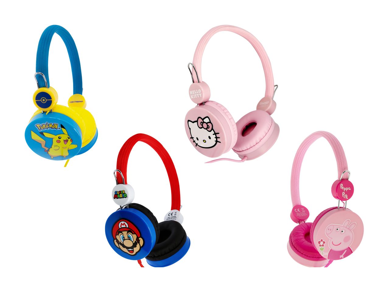 Kinderkopfhörer mit Motiven von Hello Kitty, Pikachu und weiteren Figuren.