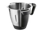 Stainless steel mixing bowl with black handle and base for a kitchen machine