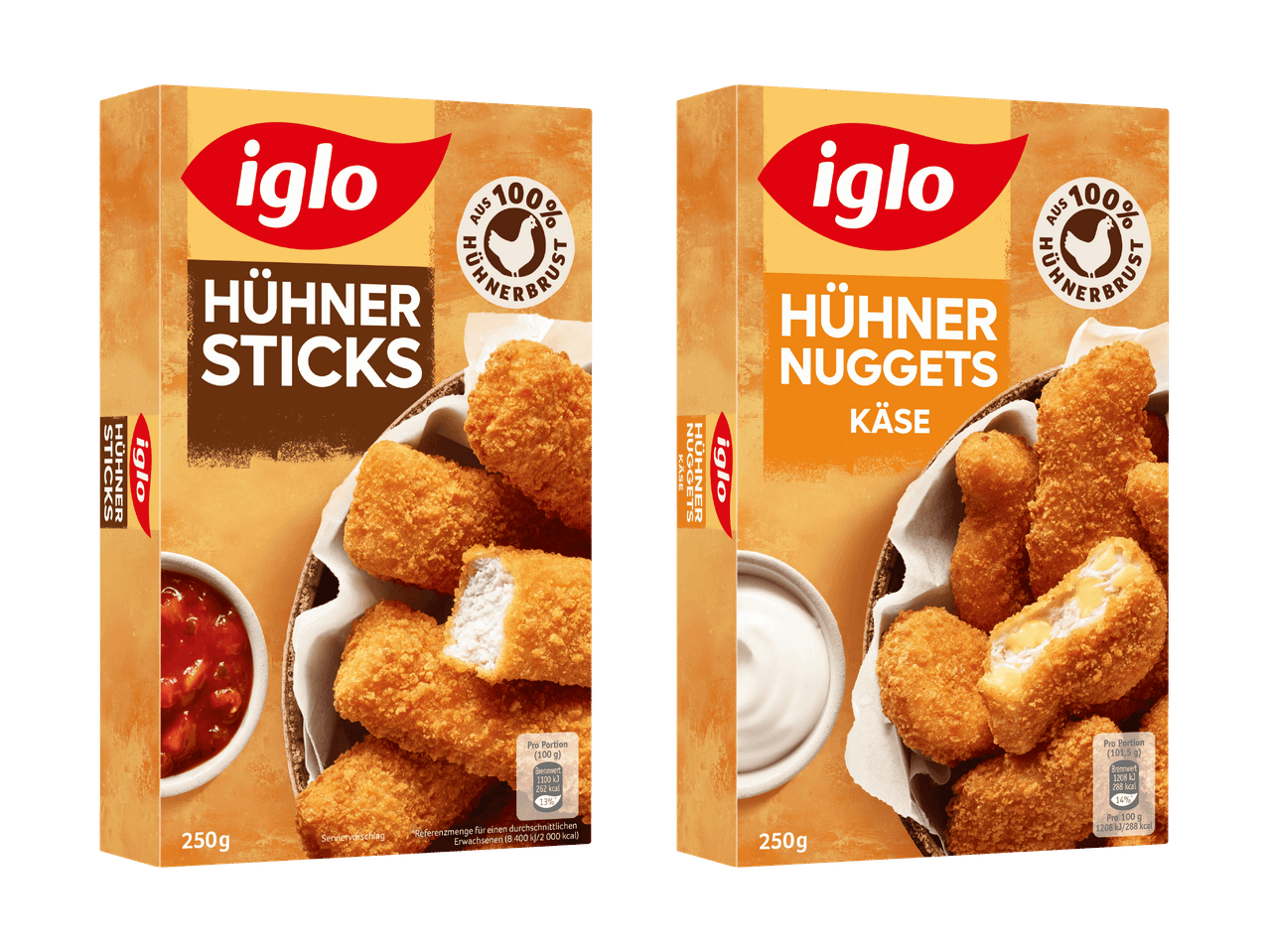 Zwei Packungen Hähnchen-Sticks und Hähnchen-Nuggets mit Käse, jeweils 250g.