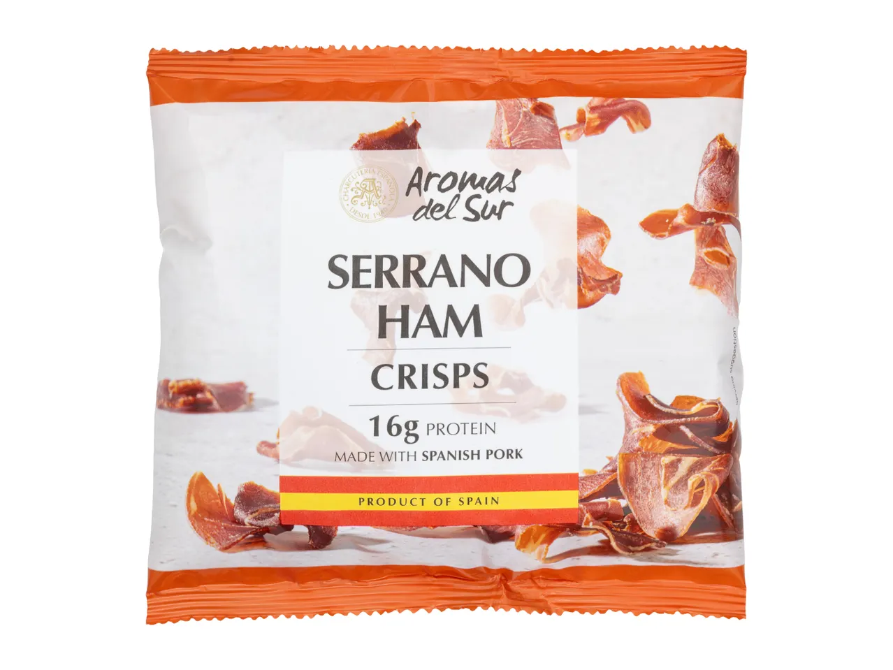 Serrano ham crisps snack bag with 16g protein, made with Spanish pork.