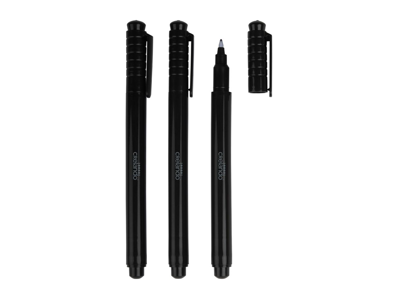 Three black fineliner pens, two capped and one uncapped showing the nib.