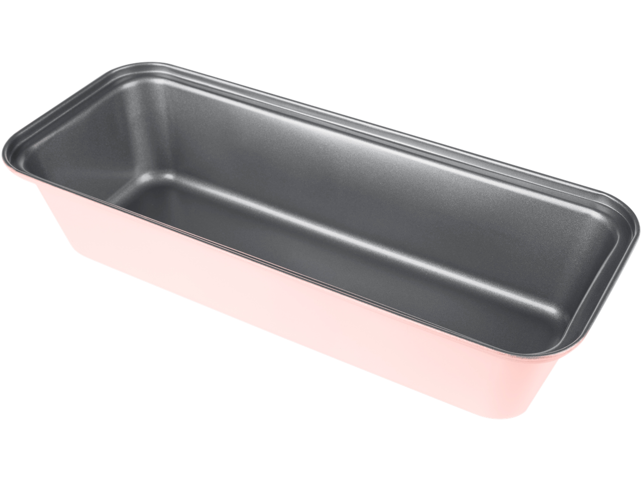 Uma forma de assar retangular, rosa e cinza.