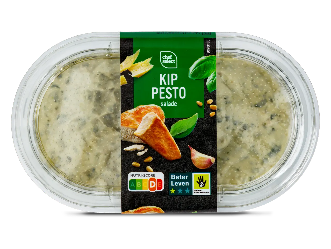 Een verpakking kipsalade met pesto van Chef Select met een Nutri-Score D.