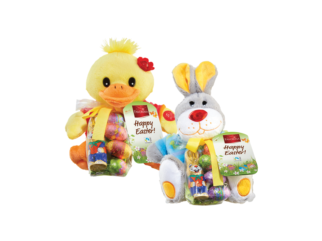 Plišana žuta patka i sivi zec sa uskršnjim čokoladnim jajima i natpisom „Srećan Uskrs!“