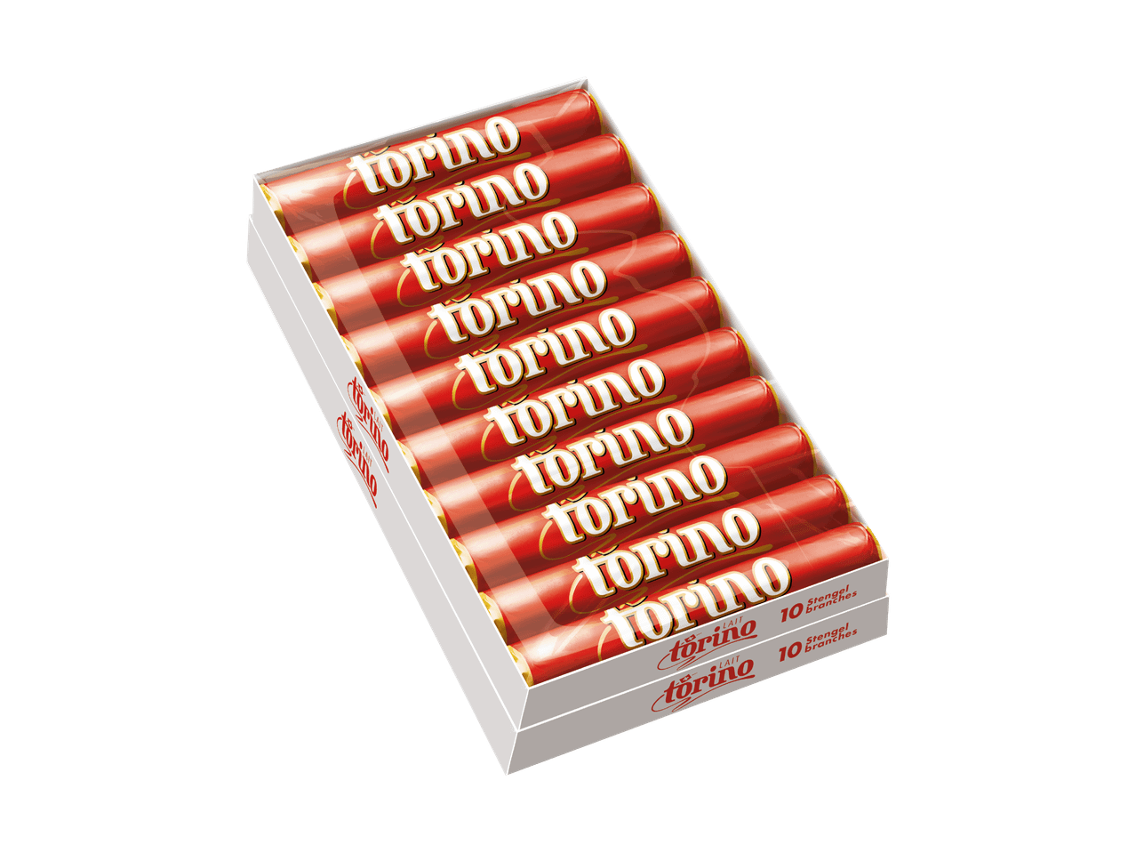 Une boîte blanche ouverte contenant dix barres de chocolat Torino rouges.
