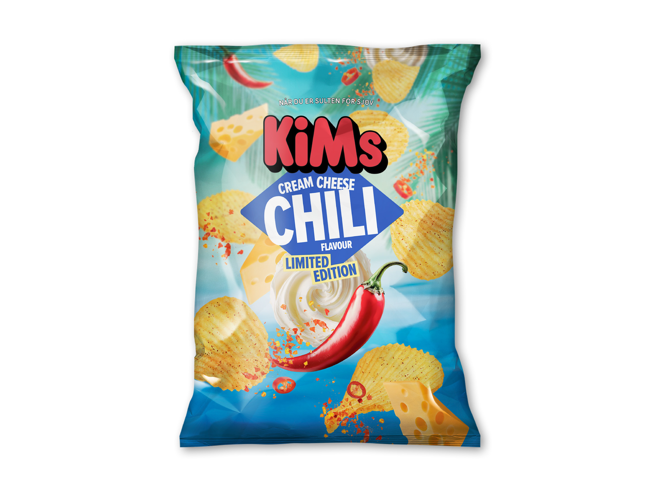 En pose chips med smag af flødeost og chili, med billeder af chips, ost og chili.