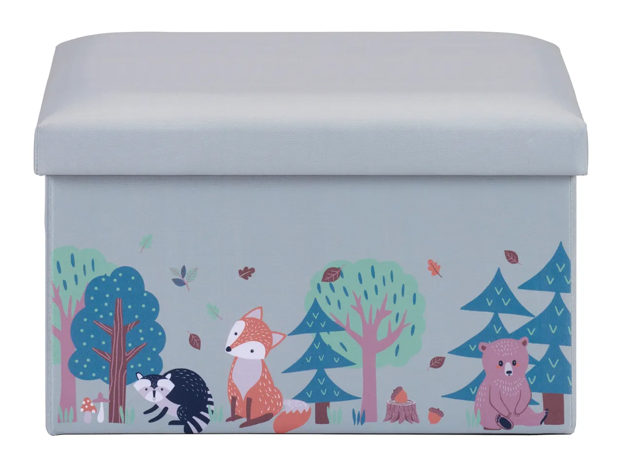Light blue storage ottoman with a forest animal design featuring a raccoon, fox, and bear.