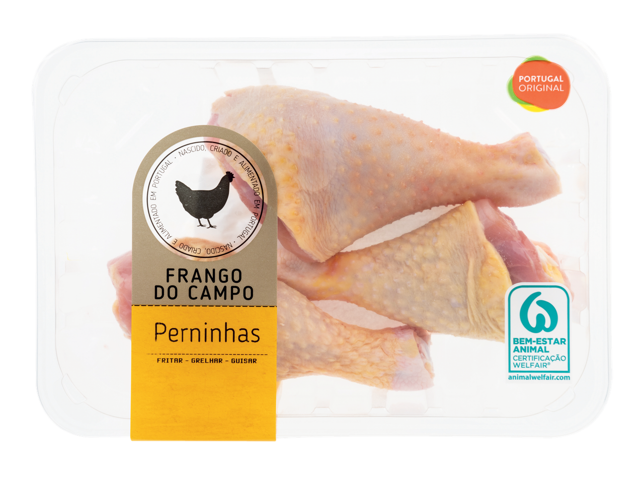 Embalagem de perninhas de frango do campo cruas com o rótulo 'Portugal Original'.