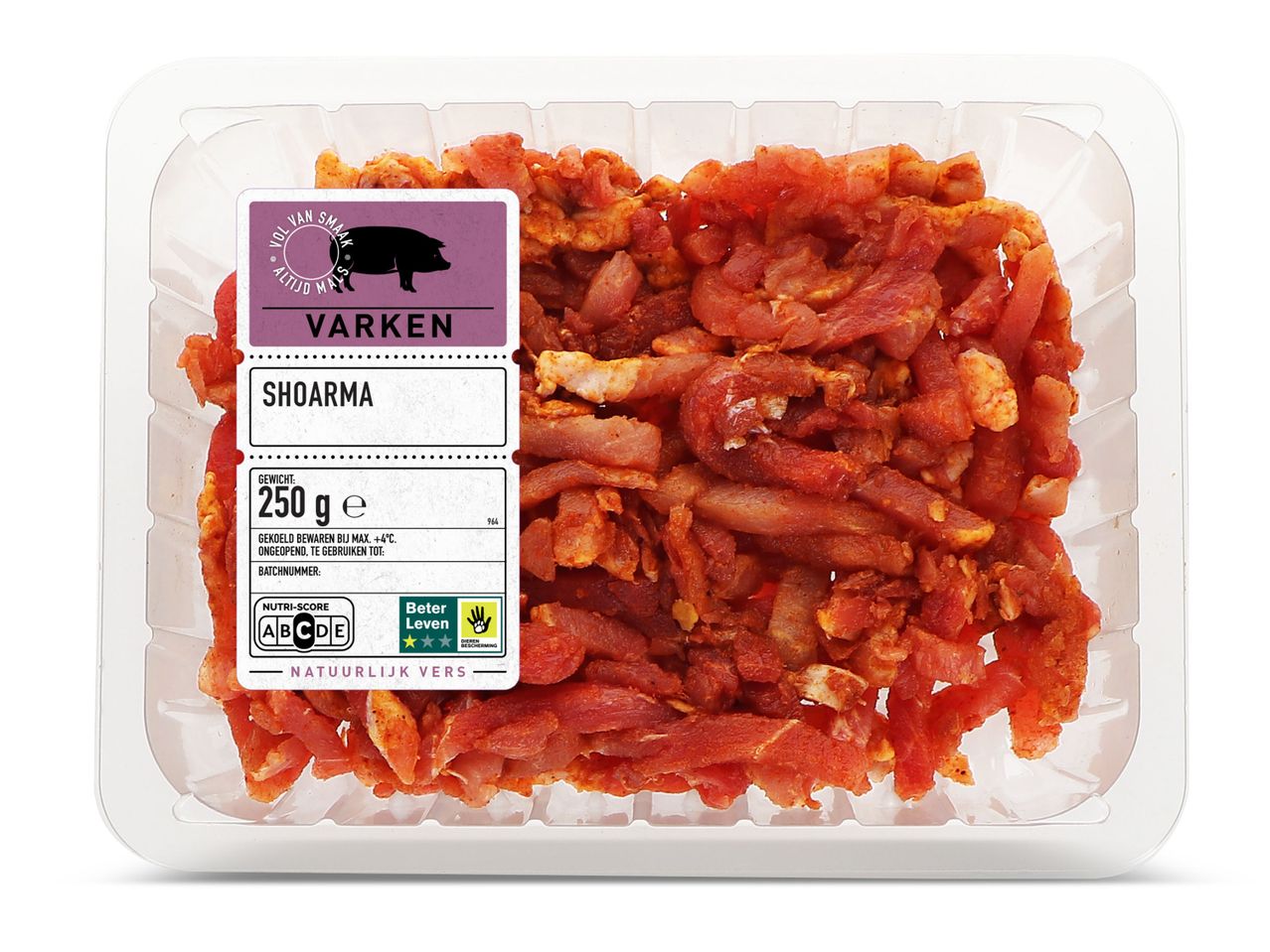 Verpakking met 250g varkensshoarma, Nutri-Score C, Beter Leven 2 sterren.
