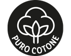Sigillo nero con un fiore di cotone bianco stilizzato e la scritta 'PURO COTONE'.