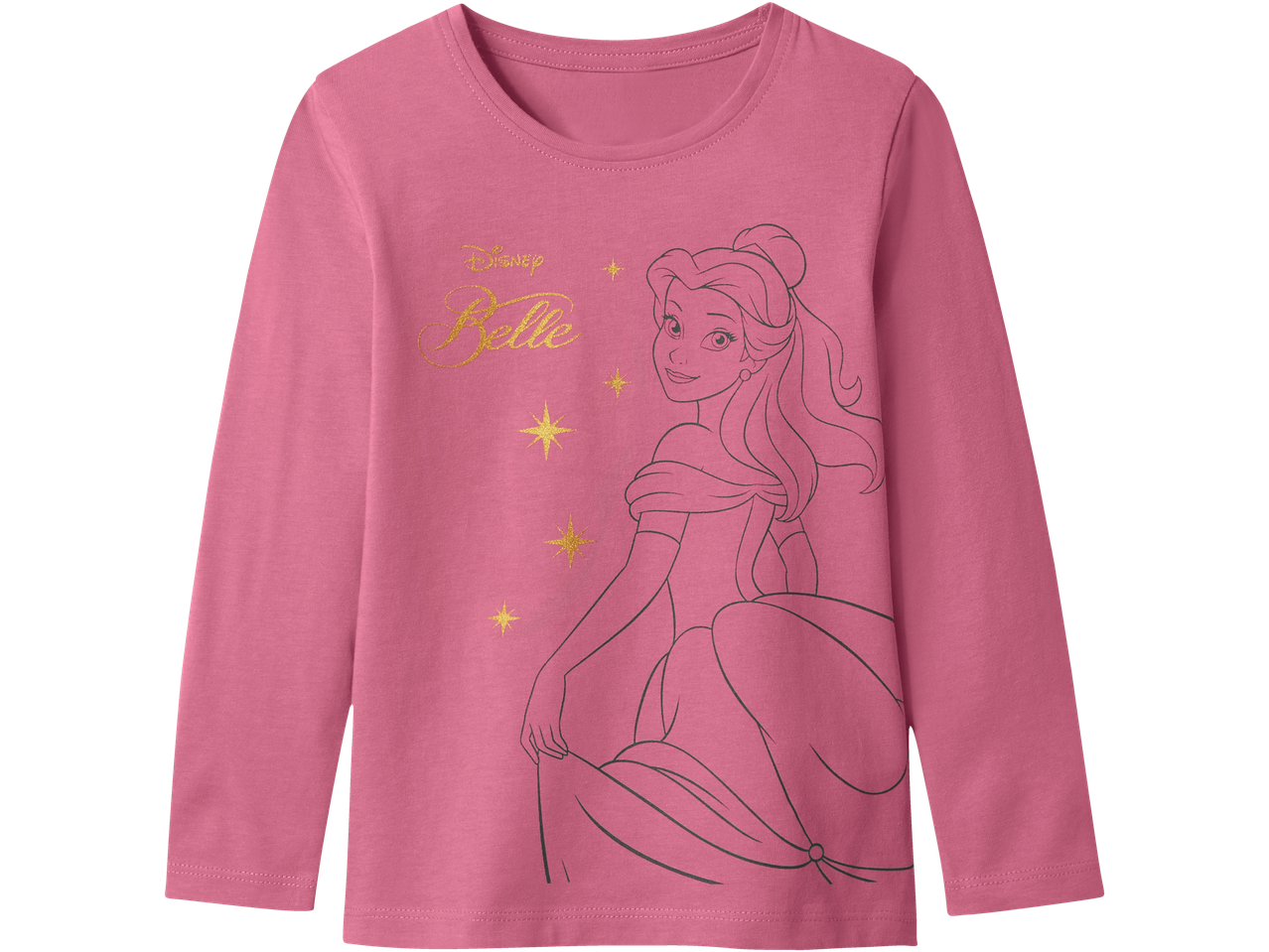 Rožiniai mergaitiški marškinėliai ilgomis rankovėmis su Disney Belle atspaudu ir auksinėmis žvaigždėmis.