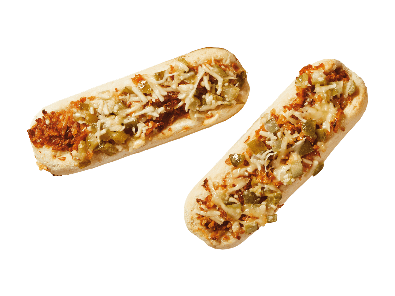 Kaksi täytettyä patonkia, joissa on jauhelihaa, suolakurkkua ja juustoraastetta.
