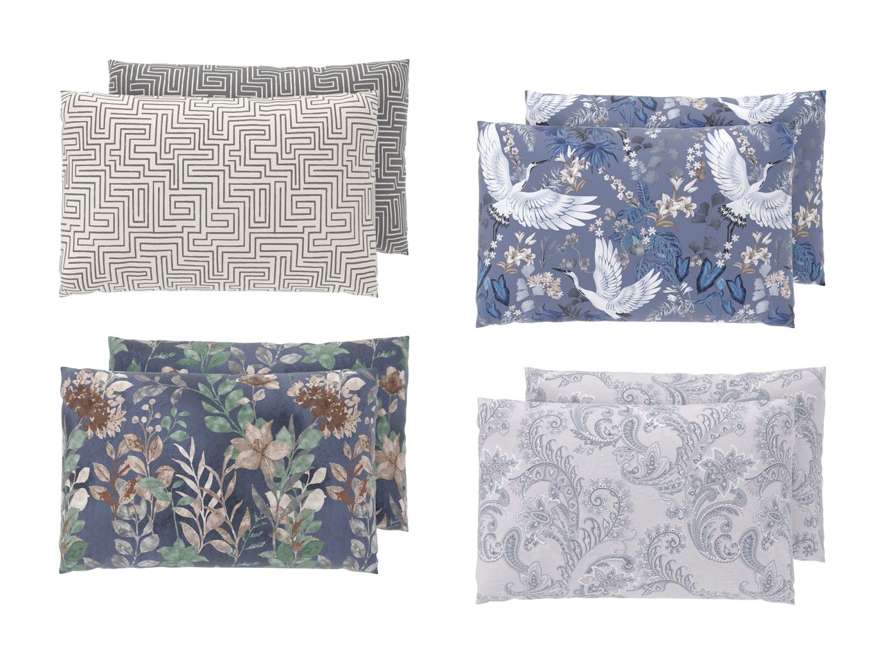 Fire sæt pudebetræk med forskellige mønstre, herunder geometriske, blomster, fugle og paisley.