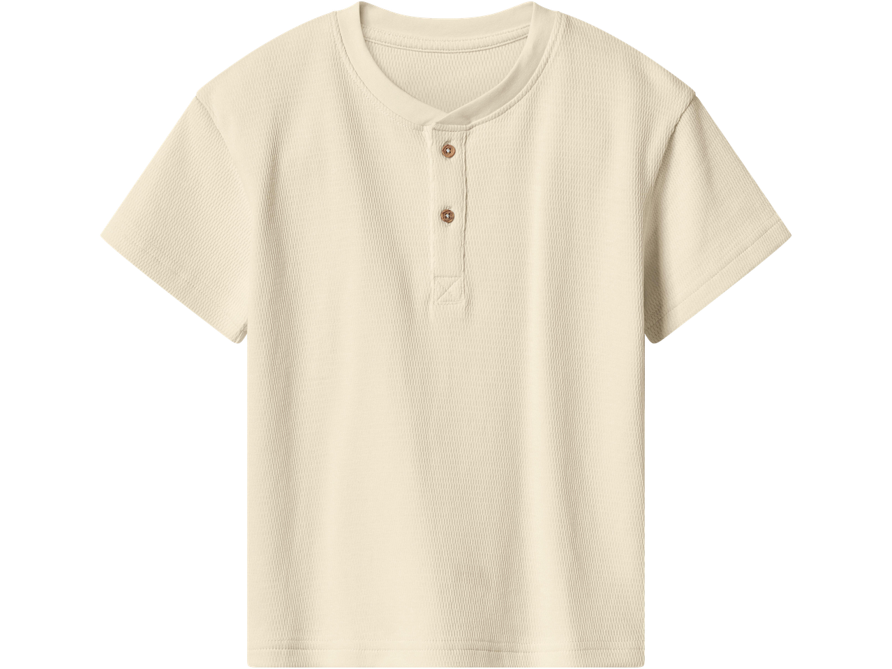 Krém színű, rövid ujjú, gombos Henley póló, waffle textúrával.