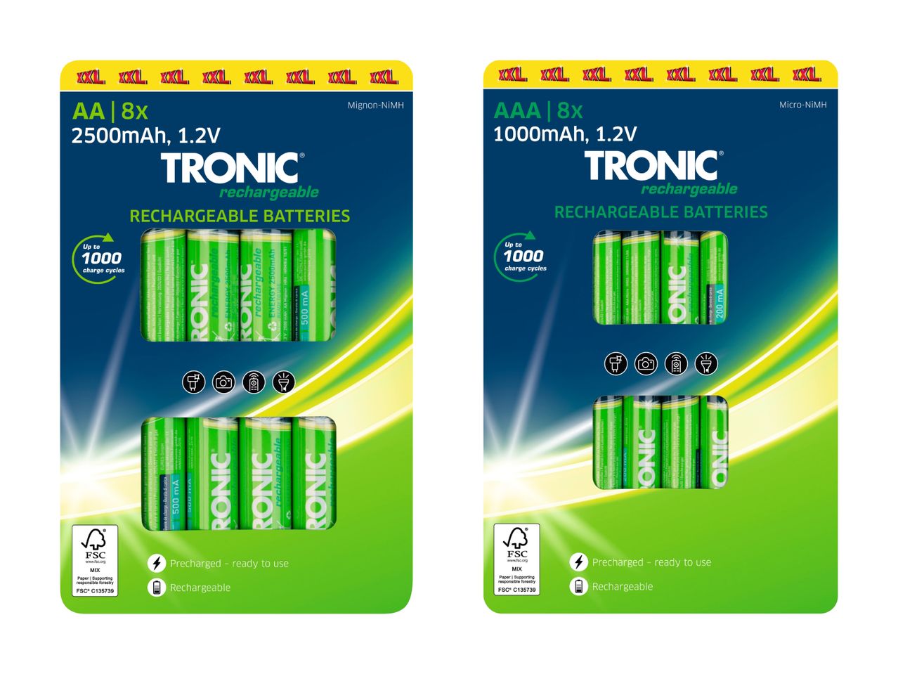To pakker med 8 TRONIC genopladelige batterier (AA og AAA) vist på en hvid baggrund.