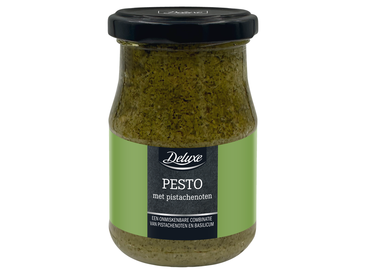 Een pot Deluxe Pesto met pistachenoten en basilicum.
